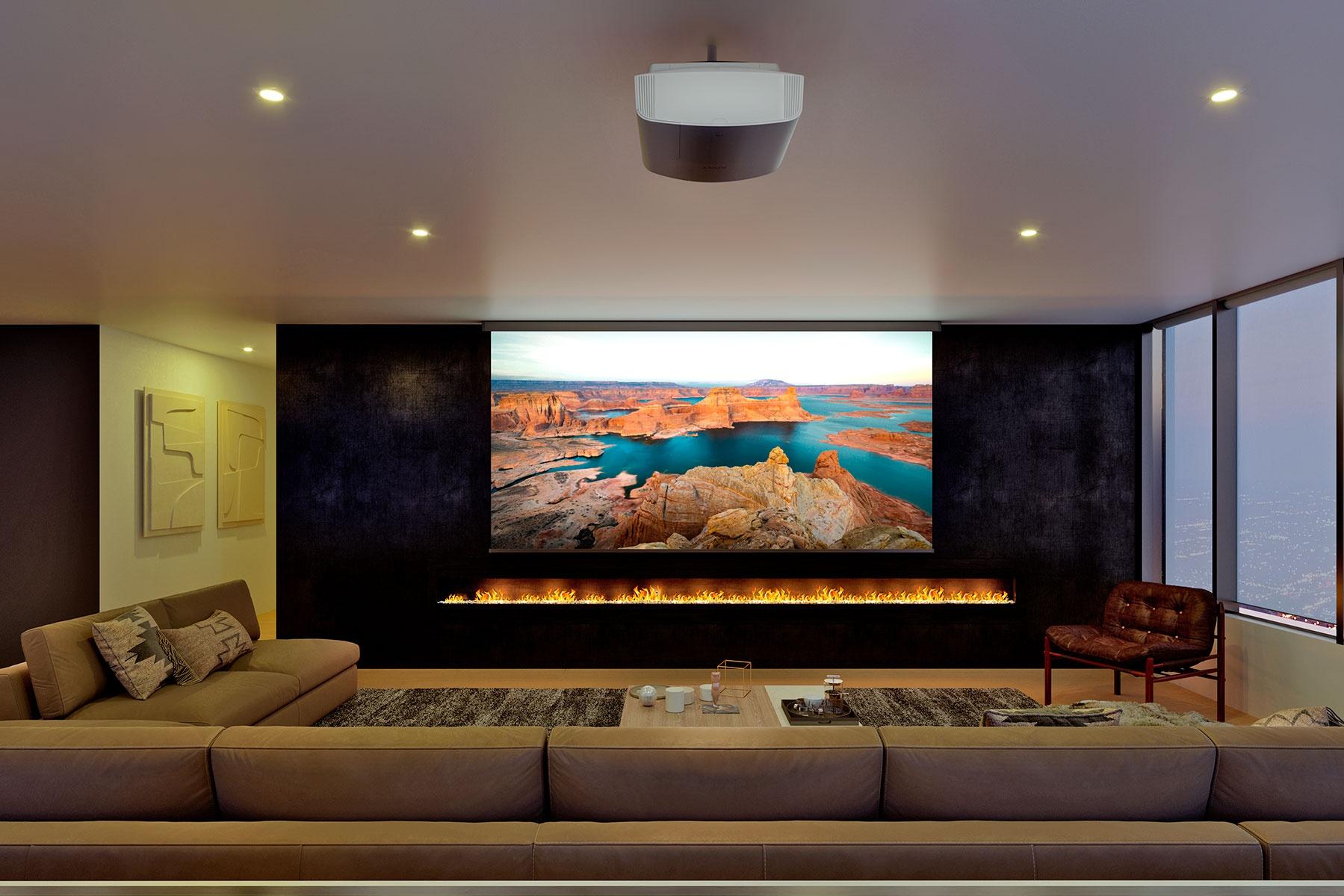 living theater, large video wall in neutral colored home