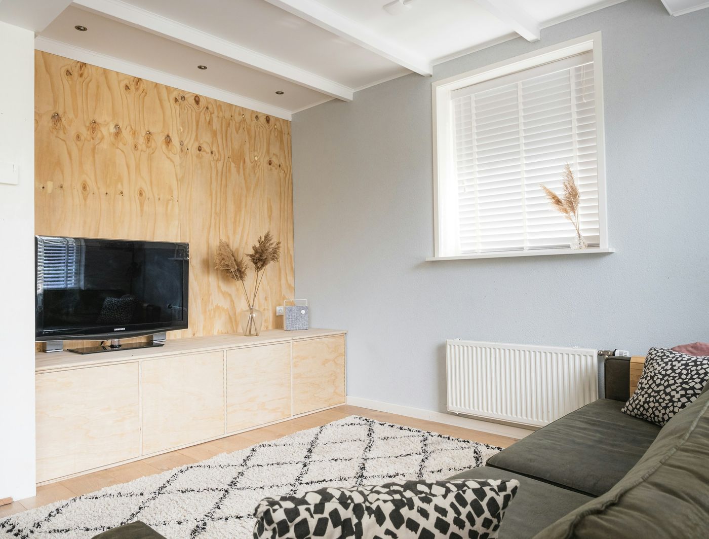 Compact living room with a TV on a low cabinet, a wood feature wall and a sofa