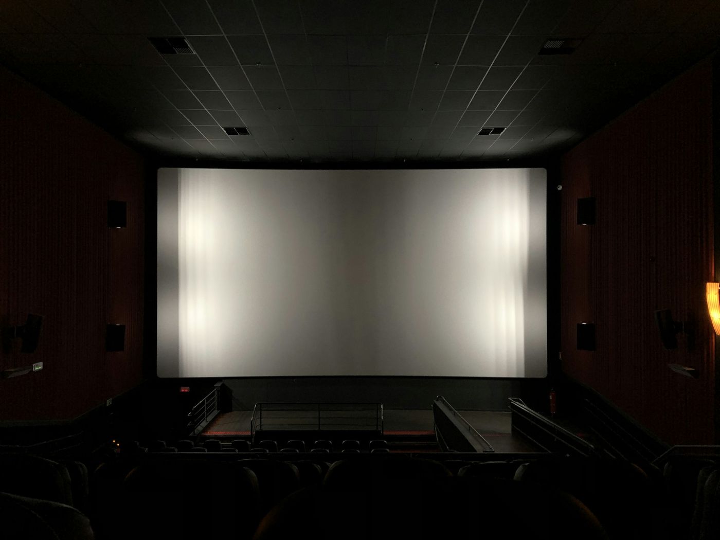 Dark dedicated theater with a large screen and rows of seating