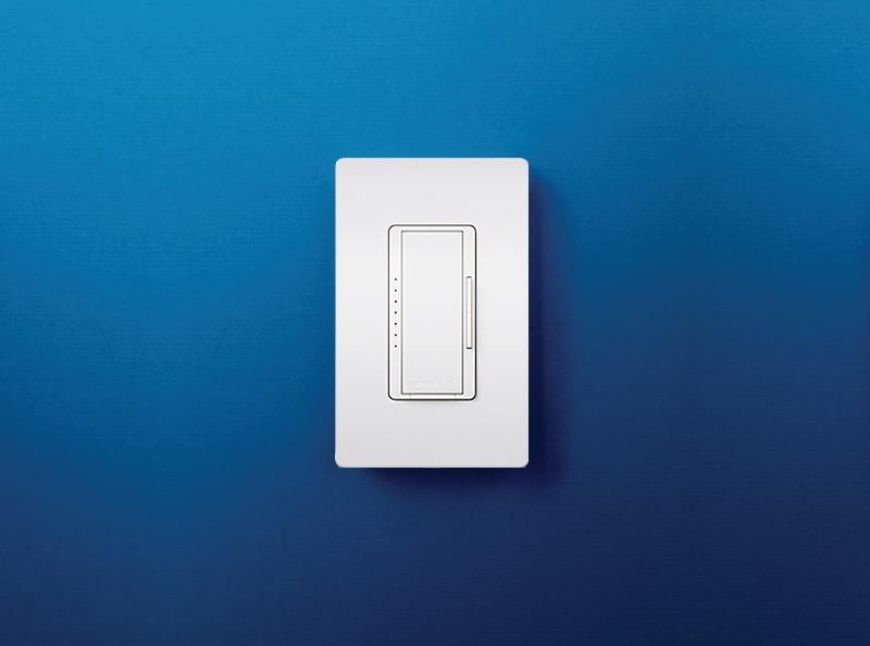 Lutron wall-mounted dimmer switch on a blue background.