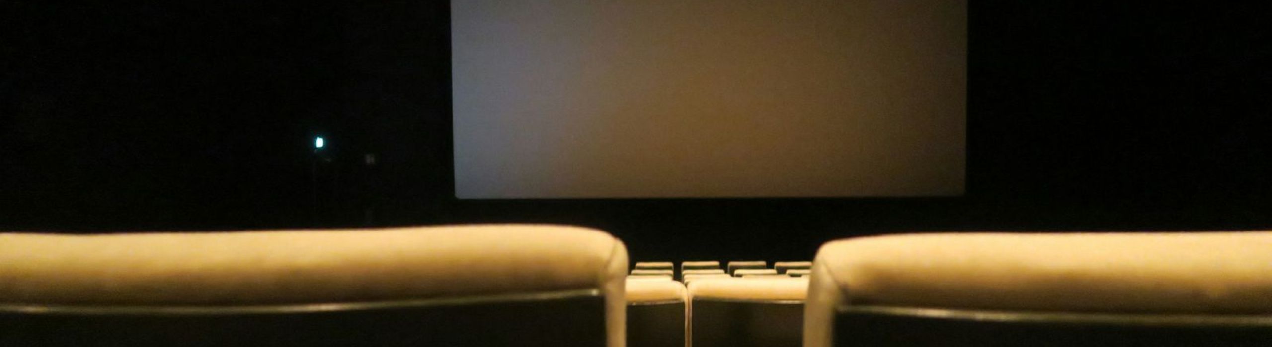 Dark theater with a lit screen seen from behind two rows of seats